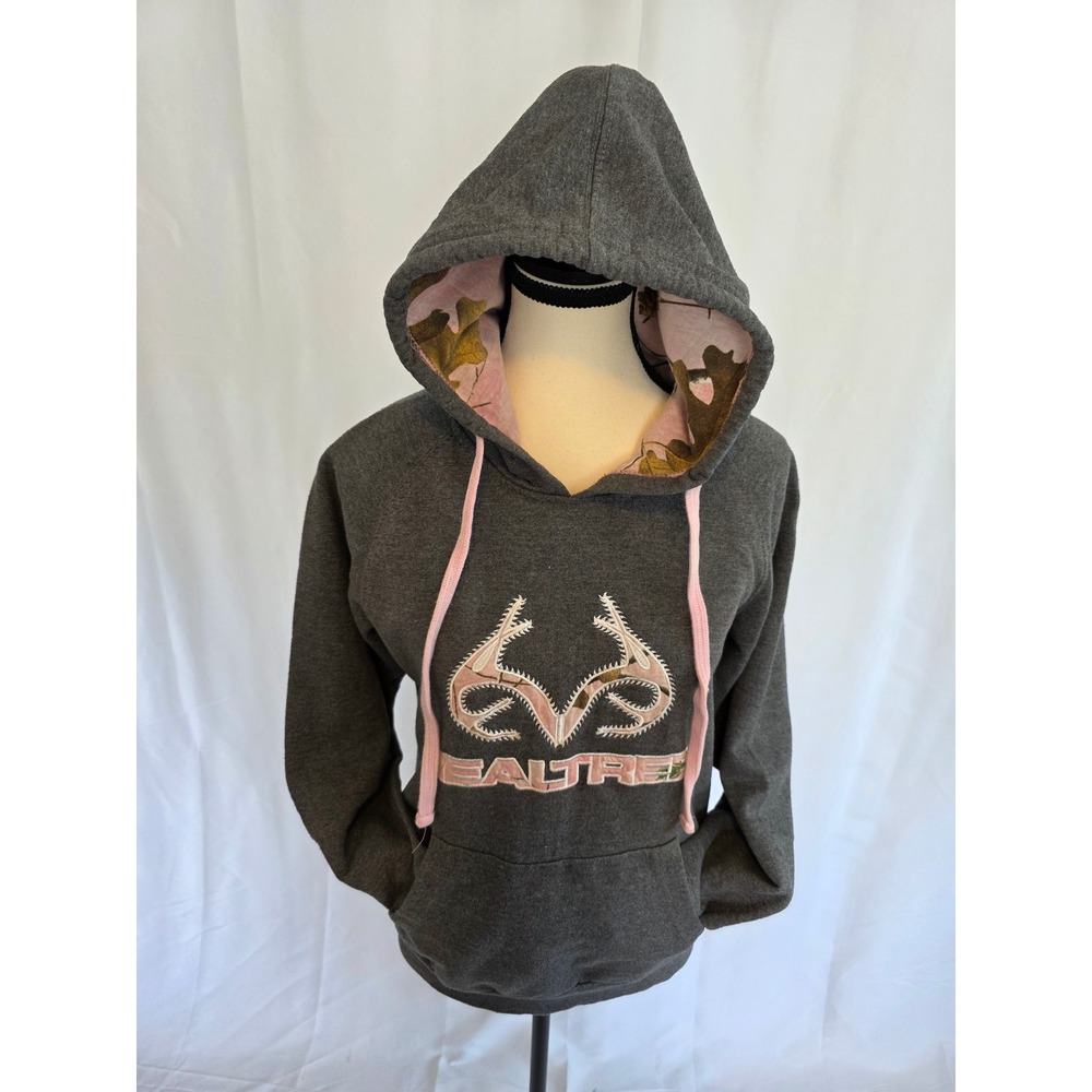Realtree Womens Gray Hoodie Camo Lined Pocket Pullover Sweatshirt Size S‎